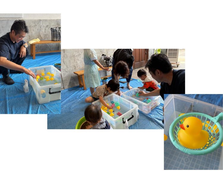 子どもが外で水遊びする様子